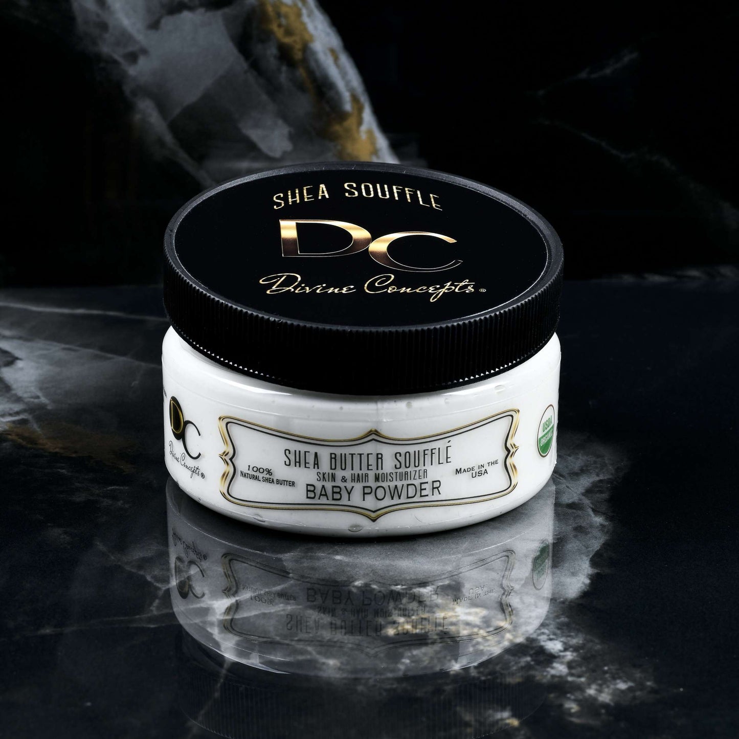 DC Shea Butter Soufflé Baby Powder scent baby safe organic whipped skin and hair moisturizer by DC Divine Concepts