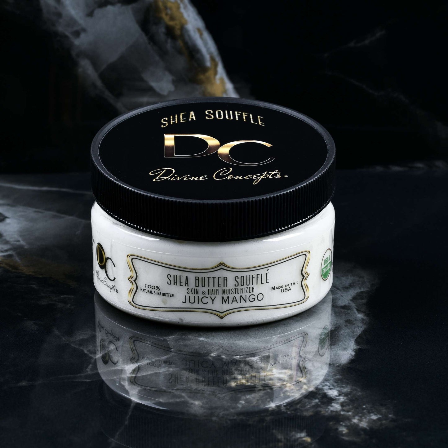 DC Shea Butter Soufflé Juicy Mango organic whipped skin and hair moisturizer by DC Divine Concepts