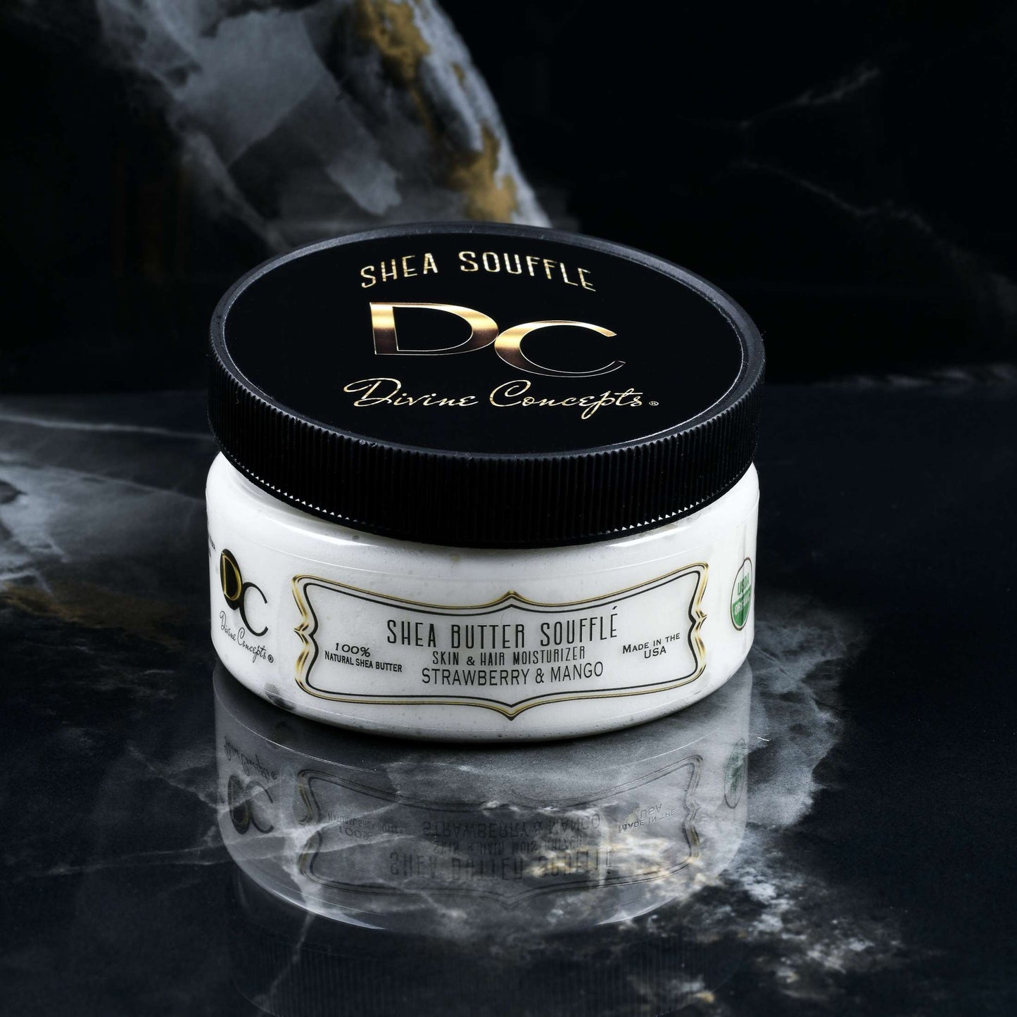 DC Shea Butter Soufflé Strawberry Mango organic whipped skin and hair moisturizer by DC Divine Concepts