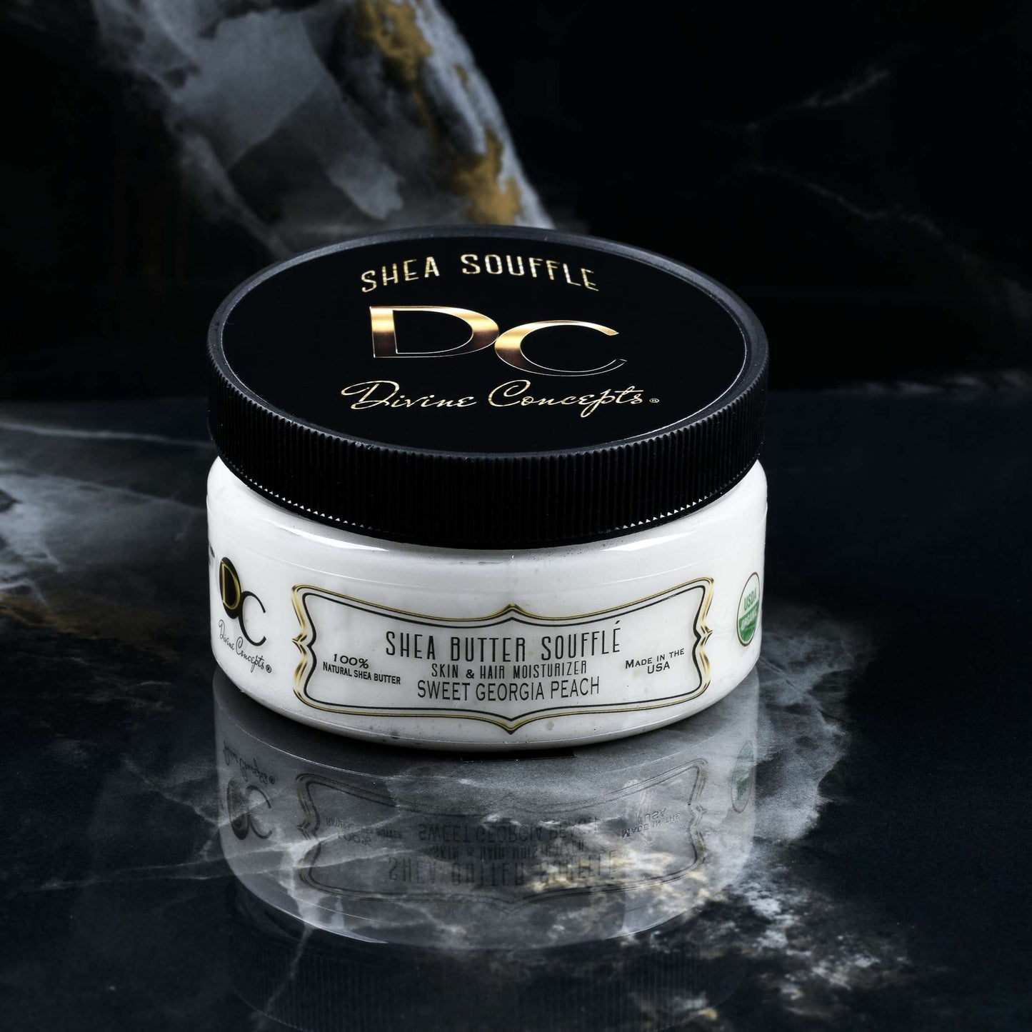 DC Shea Butter Soufflé Sweet Georgia Peach organic whipped skin and hair moisturizer by DC Divine Concepts