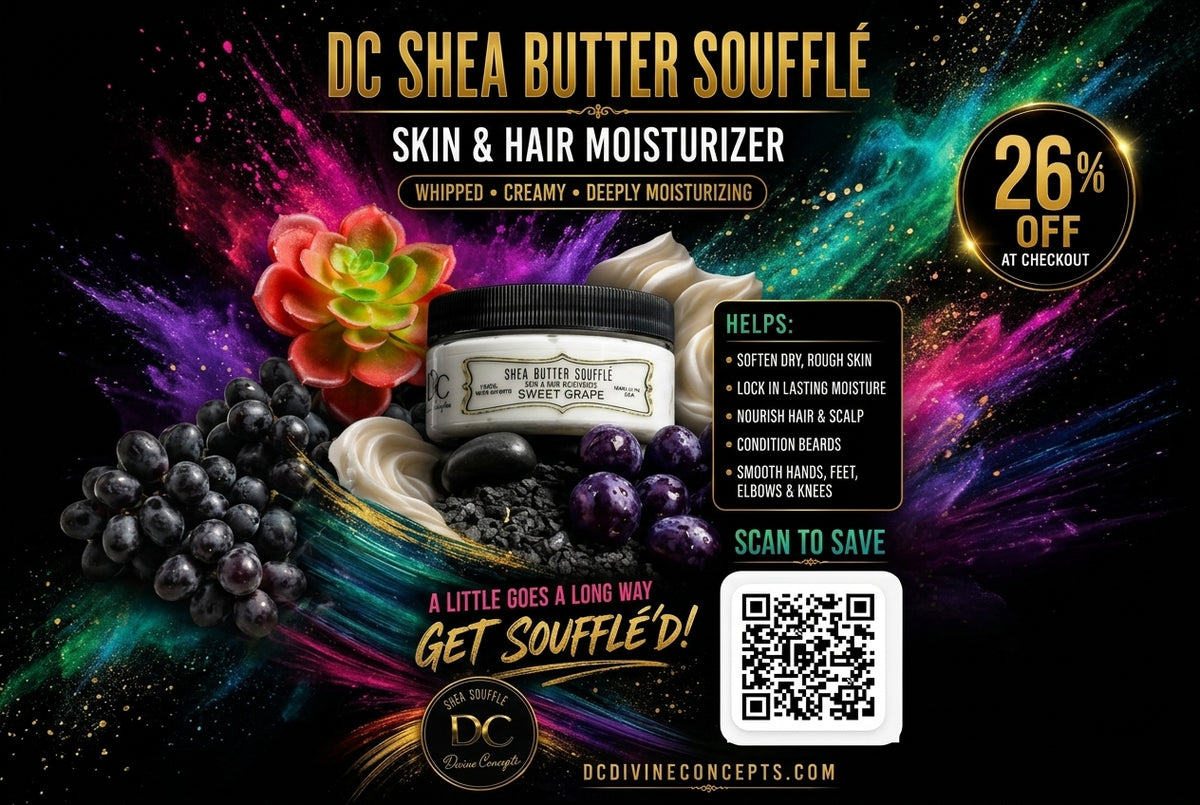 DC Shea Butter Soufflé promotional banner with 26% off discount and QR code.